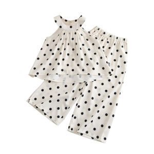 Menoea Baby Girls Summer New Clothes Sets 4 To 7 Years Kids Fashion Hanging Neck Sleeveless Tops and Dots Wide Leg Pants 2 Pieces Suits Girls Casual Clothing Wear
