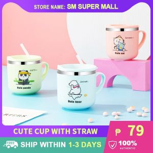 【304 Stainless Steel】Kids Cartoon Water Cup with Cover/Straw Drinkware Milk Cup for Children Boys & Girls