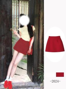 Váy Ngắn Chữ a Cạp Cao Màu Đỏ Len Cho Nữ Mùa Xuân Thu Phong Cách Mỹ Cổ Điển Váy Ngắn Ôm Sát Cơ Thể Váy Ngắn