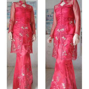 [PernahDipakai] Setelan Kebaya Pesta Merah Cabe Ukuran setara S / M Lengan Rok Panjang Baju Gaun Dress Exclusive Handmade