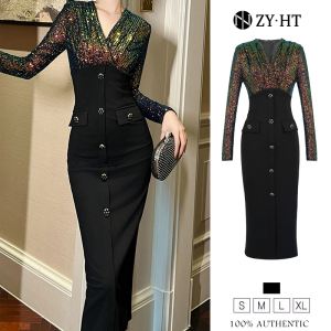 ZY.TH EraVogue Womens Dresses Black Dresses Long Sleeve Dresses V-Neck Dresses Sequined Dresses High-class Dresses Vintage Dresses Event Dresses Party Dresses French Dresses 11120