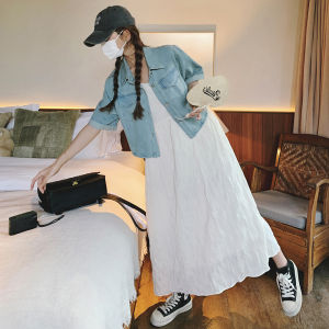 ฤดูร้อน 2024 ผู้หญิง ลำลอง เดนิม Halter เดรส ชุดสองชิ้นสูง เอว กระโปรงทรงเอ แขนสั้นสีบริสุทธิ์ ปกโปโล เดรส Es