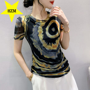 HZM European trend 2023 gauze printing positioning flower short sleeve T-shirt summer fashion crew-neck slim-fit western style top