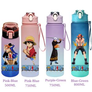 Bandai | 800ML/750ML/500ML ONE PIECE Monkey D. Luffy Water Bottle Zoro cartoon Straw Drink Bottles Flip Cover Plastic Cup Drinkware Gifts