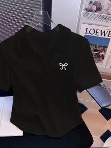Black Polo Neck Short Sleeve T-Shirt Womens Summer Slim Fit Short Length Top INS 2025 New Style Shoulder Body Shirt Cotton Polyester Blend Casual Wear