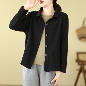 Retro Pure Color Cotton Short Coat for Women Autumn Outerwear Simple plus Size Western Style Polo Collar Jacket Cardigan Sweater Top