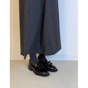 Black Butterfly Knot British Style Leather Loafers Womens Slip-On Commuter Thick Heel Single Shoes Cowhide Fashion Sneakers