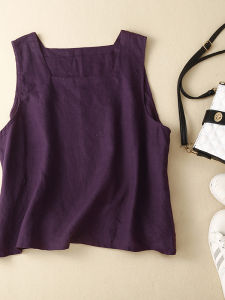 Thoải Mái Rộng Rãi Cộc Tay Không Tay  Áo Hai Dây Mùa Hè Cotton Vải Bông Vải Lanh Áo Sơ Mi Cơ Sở Áo Khoác Ngoài Cỡ Lớn Cỡ Lớn Sister Vải Lanh Cổ Vuông Halter Áo