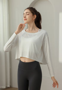 Nylon Jacquard Áo kiểu thể thao T-Shirt của phụ nữ chạy tập thể dục lỏng Pilates tập luyện yoga áo tay dài