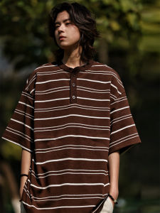 Nobodyknows American Retro Striped Henry Collar Short Sleeve T-Shirt Men Casual Loose Fit Summer Breathable Cotton Tee