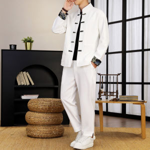 TUCANO Woodpecker Style Mens Cottonadded Autumn Winter National Trend Two-piece Set Printed Casual Long Sleeve Solid Color