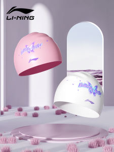 Li-Ning Womens Swimming Cap Silicone Waterproof Comfortable Print Swim Hat Universal for Kids Non-Choking Head Swimming