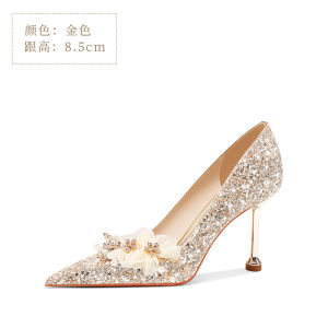 รองเท้าแต่งงานส้นสูงประดับคริสตัลทรงหัวแหลม รองเท้าแต่งงานแบบสองทางสำหรับผู้หญิง รองเท้าแต่งงานสุดหรูหรา สไตล์ฝรั่งเศส