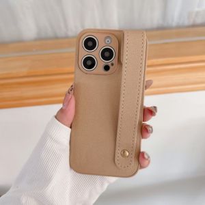 Luxury Wrist Strap Bracket Leather Phone Case For iPhone 16 15 14 Plus 12 13 Mini 11 Pro Max XS XR SE Lens Protection Soft Cover