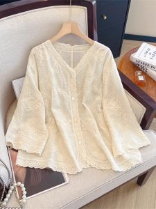 AIYITI | Áo sơ mi cotton lanh thêu mới 2025 Áo khoác ngoài mùa hè mỏng chống nắng cỡ lớn cho nữ Áo sơ mi cổ chữ V tay dài thường