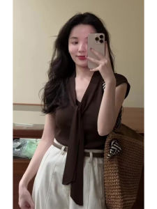 YUEZHONGWEI | French V-neck Knot Ice Silk Knitted Short Sleeve T-shirt Women Summer New Style Slimming Short Length Top Asymmetrical Commute Style Pure Color