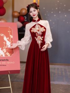 ชุดกี่เพ้าผ้ากำมะหยี่แขนยาวสไตล์จีนสำหรับงานแต่งงาน ชุดราตรี ฤดูหนาว 2025 ชุดฮ่องกงสีเขียวอ่อน สไตล์ย้อนยุค ชุดเจ้าสาว