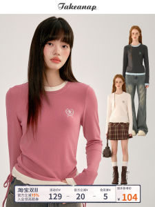 Takeanap Long Sleeve T-Shirt Womens Slim Fit Sleepwear Sweet Style College Fashion Elastic Fiber Blend Casual round Neck Top