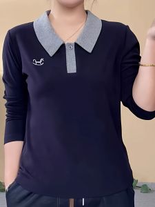 New Polo Collar Embroidered Color Block Pure Cotton Long Sleeve T-Shirt Womens Spring Autumn Fashion Versatile Hoodie Casual Top Trendy