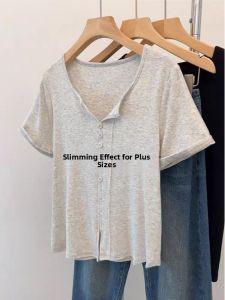 plus Size Casual Retro Short Sleeve T-Shirt Womens Fashion Summer Slimming Top Meat Covering Clothes Straight Cut Korean Style