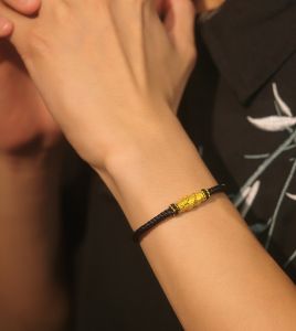 ZHOU LIU FU 周六福 24K Solid Gold Bracelet Pure Gold Black Braided Charm Bracelet Panlong Lucky Beads Chain Gifts for Women Men Friend Anniversary Birthday 18+3cm A1713284