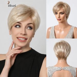 Easihair วิกผมสังเคราะห์สีน้ำตาลทองวิกผมสั้นสีบลอนด์ตัดกับหน้าม้าผมปลอมธรรมชาติเป็นชั้นสำหรับผู้หญิงคอสเพลย์ปาร์ตี้