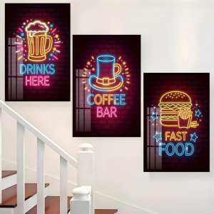 3Pcs Modern Neon Contemporary Wall Decoration Fast Food Coffee Bar Neon Sign Graphic HD Art Print for Condo Pantry Home Bar Co-working Space Bistro Snack Shop Wall Decor