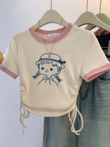 Girls Cotton Short Sleeve T-Shirt Summer Wear Pure Color Cartoon Print Breathable Sweat Absorbent Children Baby Tops for Ages 2-16