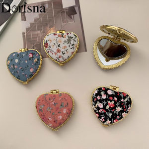 Dorisna Heart Folding Mirror Vintage Printing Fabric Art Makeup Mirror Girls Small Compact Light Mirrors Women Makeup Cute Comestics Tool