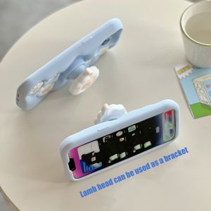 เคสโทรศัพท์ซิลิโคนเหลวนวัตกรรมไม้เซลฟี่รูปแกะขนาดเล็กพร้อมสายรัดข้อมือสำหรับ iPhone 11 12 13 14 15 16ซีรีส์