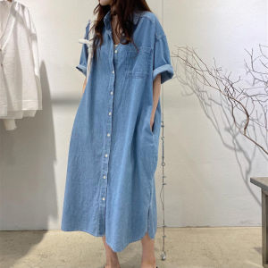 plus Size Womens Denim Skirt Short Sleeve Shirt Dress Fashionable Retro Slimming Spring Autumn H-Shape Long Dress Single Button