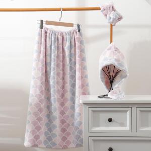 Soft Absorbent Coral Fleece Printed Fish Scale Pattern Towel Bath Towel Hair Drying Cap Bath Skirt Hairband Home Use Gift Set