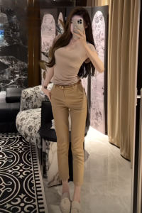 ชุดสูทลำลองสไตล์เกาหลีกางเกงขาเดฟกางเกงเก้าส่วนทรงดินสอผ้ายืดเอวสูงผ้ายืดเข้ารูปใส่แล้วดูผอมเพรียวแมทช์ลุคง่ายแบบพื้นฐานสำหรับผู้หญิง