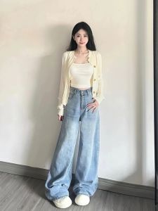 VKSOD | เสื้อคาร์ดิแกนเปิดคอวีแขนยาวทรงหลวมสไตล์เกาหลีสำหรับผู้หญิงในฤดูใบไม้ร่วง กางเกงยีนส์ขากว้างทรงหลวมสบายๆ สไตล์หวานๆ