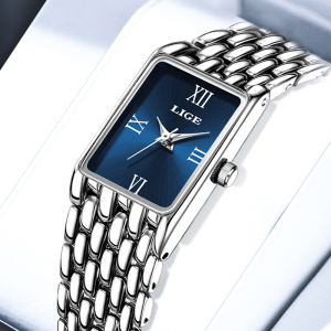 LIGE Original Watch Women Square Dial Stainless Steel Belt 30 Meter Waterproof Quartz Clock + Box