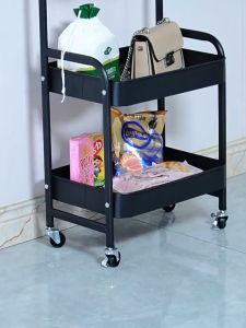 3 Layer Metal Utility Cart Rolling Cart with Wooden Tabletop Rolling Storage Organizer Cart with Lockable Wheels Snack Cart for Kitchen Office Bedroom for Laundry Room Narrow Place