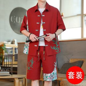 New Chinese Style Mens Shirt Set Thin Short Sleeve Casual Sports Two-Piece Suit Summer Fashion Youth Hanfu Tang Costume Shorts