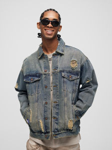 GTRG Trendy Casual Denim Jacket Mens Multi-Pocket Hole Design Heavyweight Street Style Ins Fashion Cotton Polyester Blend