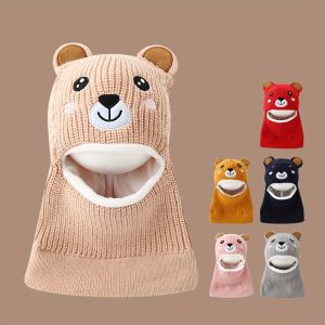 1pc Winter Cartoon Animal Knit Hat with Ear Flaps for Boys Polyester Thermal Lined Hood Christmas Outdoor Hiking Warm Cap