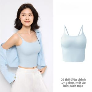 YOUKESHU | Áo ba lỗ lụa băng mùa xuân hè cho nữ Áo ngực đệm ngực bên trong màu trắng Áo ba lỗ đơn giản không tay mùa hè