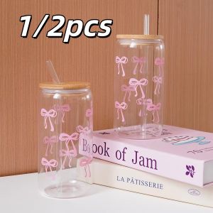 1/2pcs Glass Bow Printed Glass Cup With Bamboo And Wood Lid Family Daily Drinking Cups For Outdoor Picnic Breakfast Milk Bottle