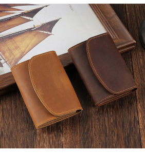 Retro Crazy Horse Leather Small Zipper Pouch Compact Lid Button Coin Key Wallet Pocket Money Bag