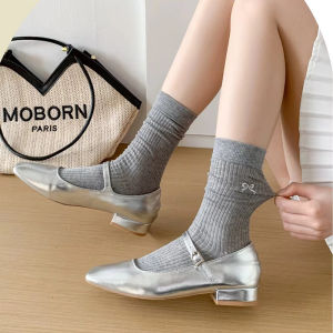 🌙I SHINE SHOES🌙ญี่ปุ่นฤดูใบไม้ผลิและฤดูร้อนElegant Bowบางถุงน่องขนาดกลางสีทึบถุงเท้าอเนกประสงค์Breathableผ้าฝ้ายถุงน่องสำหรับสตรี