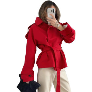 Korean Fashion Elegant 2026 Autumn New Simple Red Versatile and Thin Trench Coat Womens Long-sleeved Holiday Lace-up Jacket