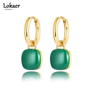 Lokaer ต่างหูไทเทเนียมทรงสี่เหลี่ยมสีทอง ต่างหูเคลือบสีฟ้าสีดำสีขาวสำหรับ E22086ผู้หญิง