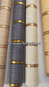 Wallpaper Sticker Dinding Ruang Tamu Per Roll Motif Serat Kayu Garis Lis Gold Panel Abu New Vintage