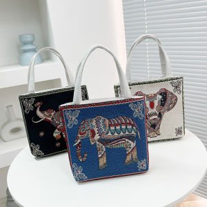 Túi Xách Vải Canvas Thêu Hình Con Voi Mới 2024 Túi Tote Nữ Thời Trang Có Khóa Kéo Túi Đeo Vai Thường Ngày Bằng Vải Cotton Phong Cách Dân Tộc