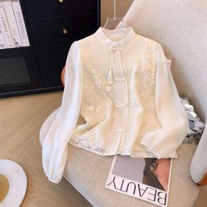 New Chinese Style Embroidered Stand Collar Chiffon Outwear Womens Summer National Style Tassel Buckle Sunscreen Shirt Retro Thin Tops