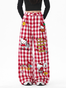 Quần Ống Rộng Kẻ Caro Thêu Kitty Hoạt Hình Cho Nữ Quần Ống Đứng Rộng Rãi Mùa Thu Thiết Kế Mới Quần Thường Ngày Bằng Vải Cotton