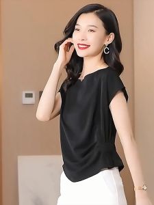Silk Satin shirt for Women short Sleeves Pullover Loose round neck casual top